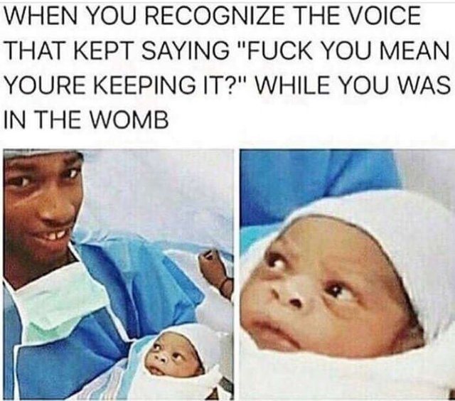 meme - fuck you mean you keeping it meme - When You Recognize The Voice That Kept Saying "Fuck You Mean Youre Keeping It?" While You Was In The Womb