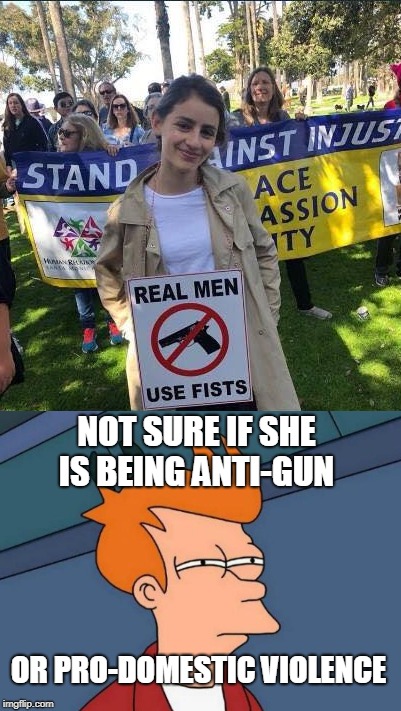 meme - see what you did there - Ainst Injus Stand Ace Assion Sity Real Men Use Fists Not Sure If She Is Being AntiGun Or ProDomestic Violence imgflip.com