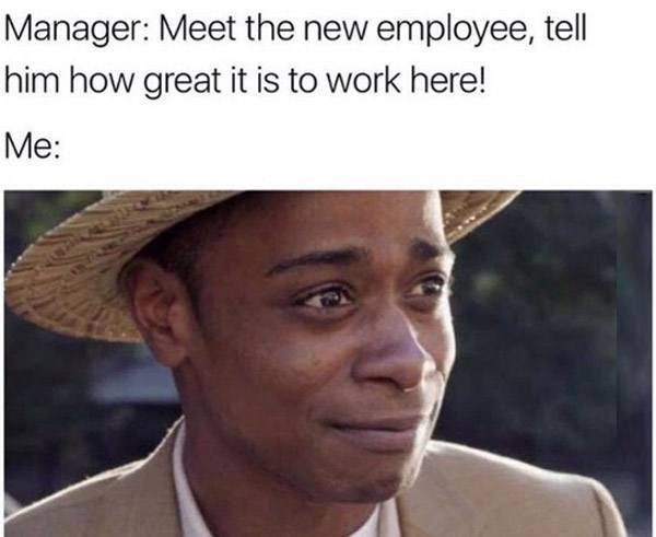 work memes - Manager Meet the new employee, tell him how great it is to work here! Me