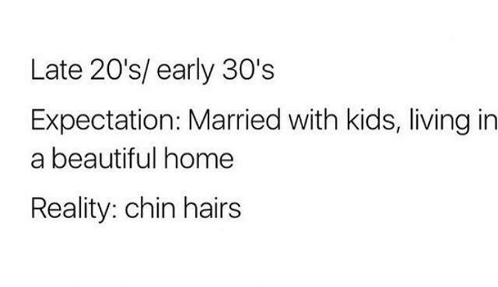 number - Late 20's early 30's Expectation Married with kids, living in a beautiful home Reality chin hairs