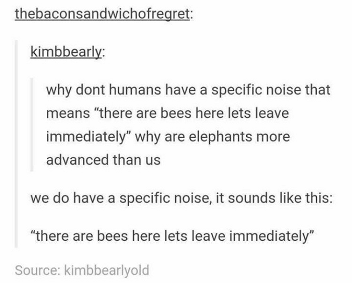 document - thebaconsandwichofregret kimbbearly why dont humans have a specific noise that means "there are bees here lets leave immediately" why are elephants more advanced than us we do have a specific noise, it sounds this "there are bees here lets leav