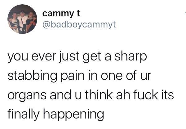 Funny tweet about depression and the text 'you ever just get a sharp stabbing pain in one of ur organs and u think ah fuck its finally happening'