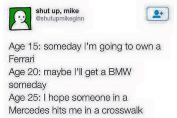 Funny tweet about depression about hoping to be hit by a car