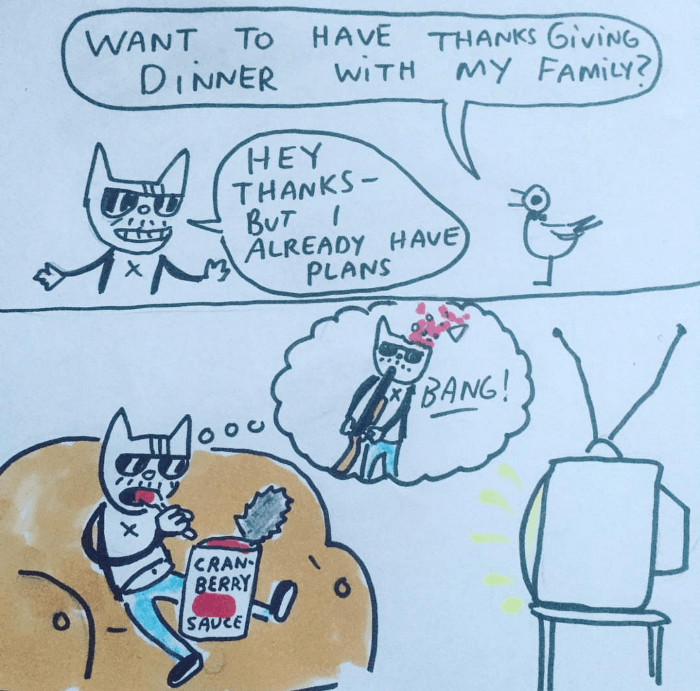 Depression comic of a cat and thanksgiving