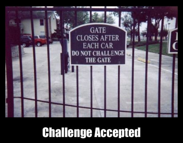 gate challenge meme - Gate Closes After Each Car Do Not Challenge The Gate Challenge Accepted