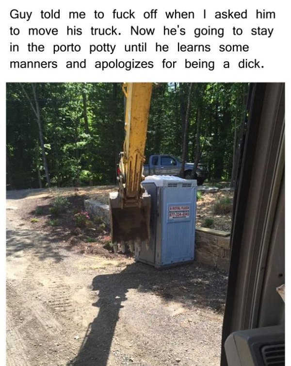 trapped in a porta potty - Guy told me to fuck off when I asked him to move his truck. Now he's going to stay in the porto potty until he learns some manners and apologizes for being a dick. Aron 17 Series