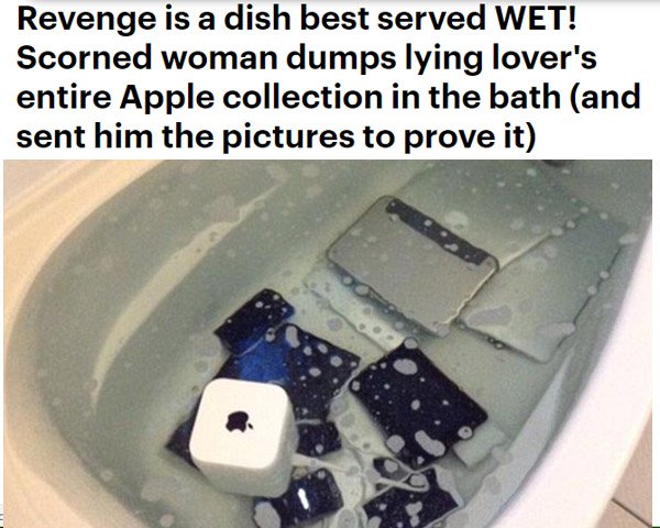 apple products bath - Revenge is a dish best served Wet! Scorned woman dumps lying lover's entire Apple collection in the bath and sent him the pictures to prove it
