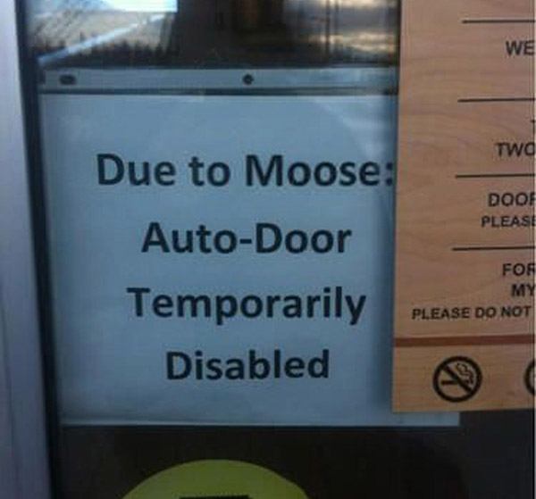 sign - We Two Door Please Due to Moose AutoDoor Temporarily Disabled For My Please Do Not