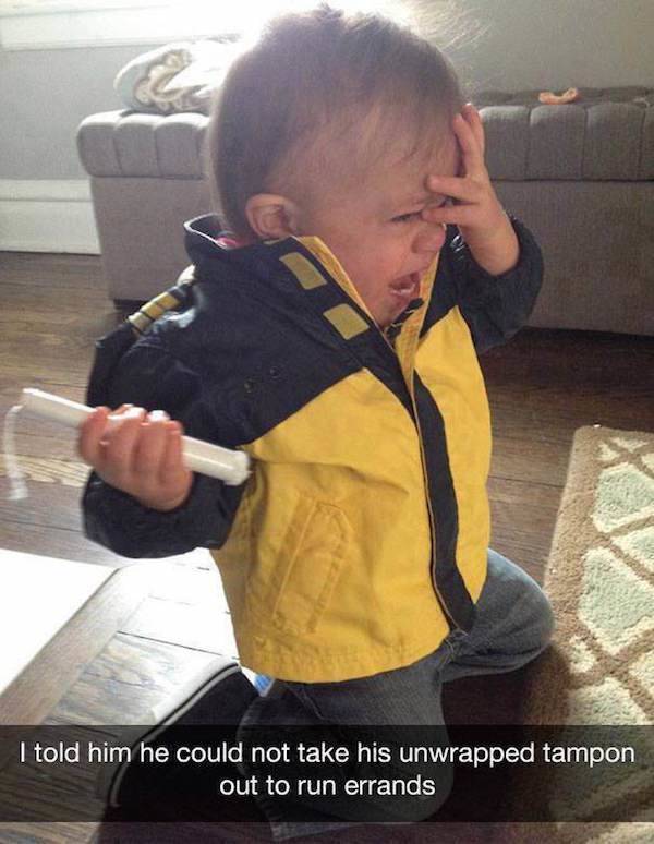 toddler meltdowns funny - I told him he could not take his unwrapped tampon out to run errands