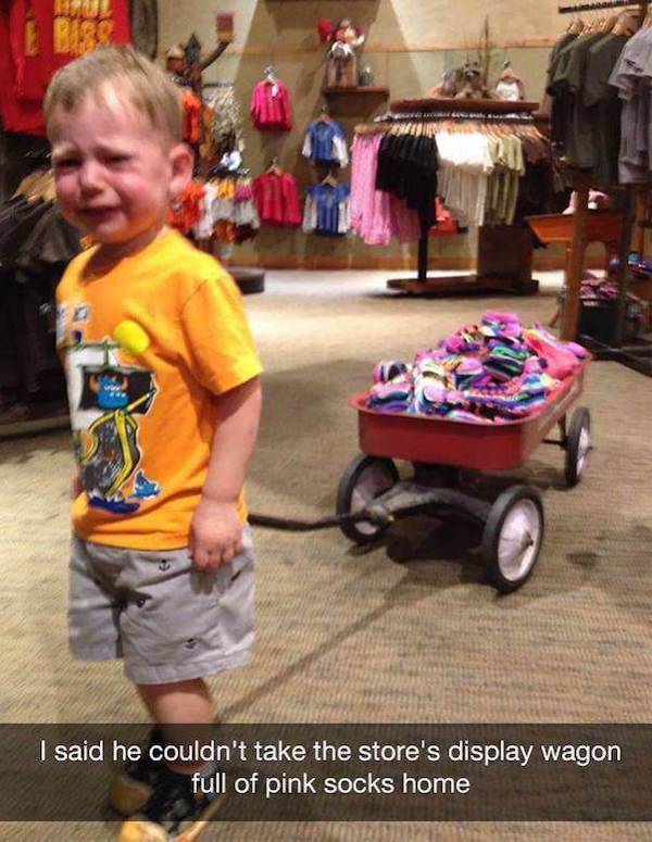 stupid reasons kids cry - I said he couldn't take the store's display wagon full of pink socks home