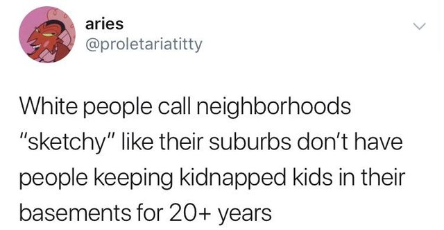 tweet - activist quotes - aries White people call neighborhoods "sketchy" their suburbs don't have people keeping kidnapped kids in their basements for 20 years