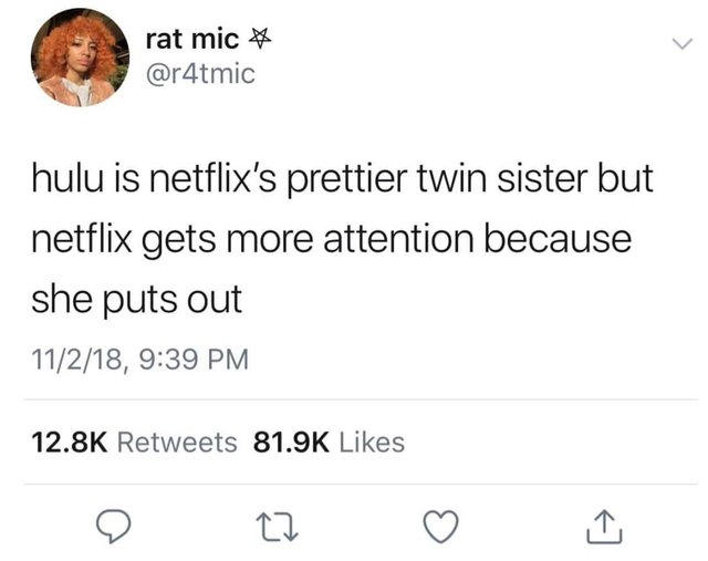 tweet - mineifiwildout best tweets - rat mic # hulu is netflix's prettier twin sister but netflix gets more attention because she puts out 11218,