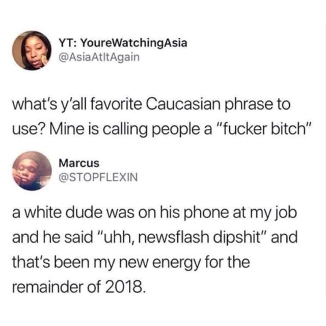 Yt YoureWatching Asia what's y'all favorite Caucasian phrase to use? Mine is calling people a "fucker bitch" Marcus a white dude was on his phone at my job and he said "uhh, newsflash dipshit" and that's been my new energy for the remainder of 2018.
