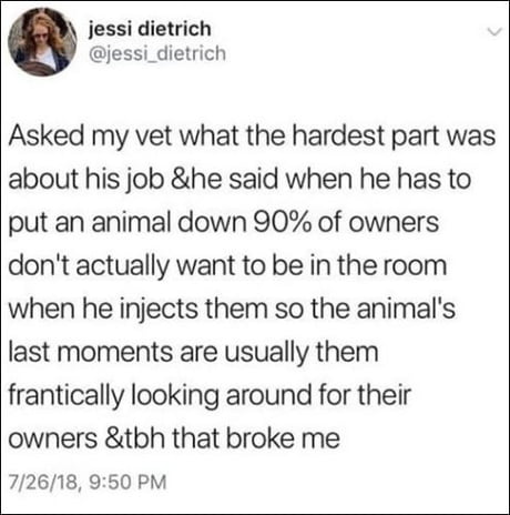 quotes - jessi dietrich Asked my vet what the hardest part was about his job &he said when he has to put an animal down 90% of owners don't actually want to be in the room when he injects them so the animal's last moments are usually them frantically look