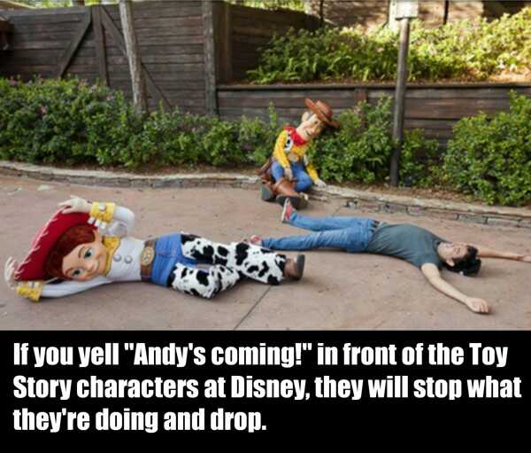 andy's coming disney world - If you yell "Andy's coming!" in front of the Toy Story characters at Disney, they will stop what they're doing and drop.