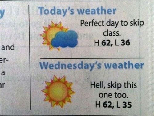 material - y Today's weather Perfect day to skip class. H62, L 36 and ar Wednesday's weather a Hell, skip this one too. H62, L 35