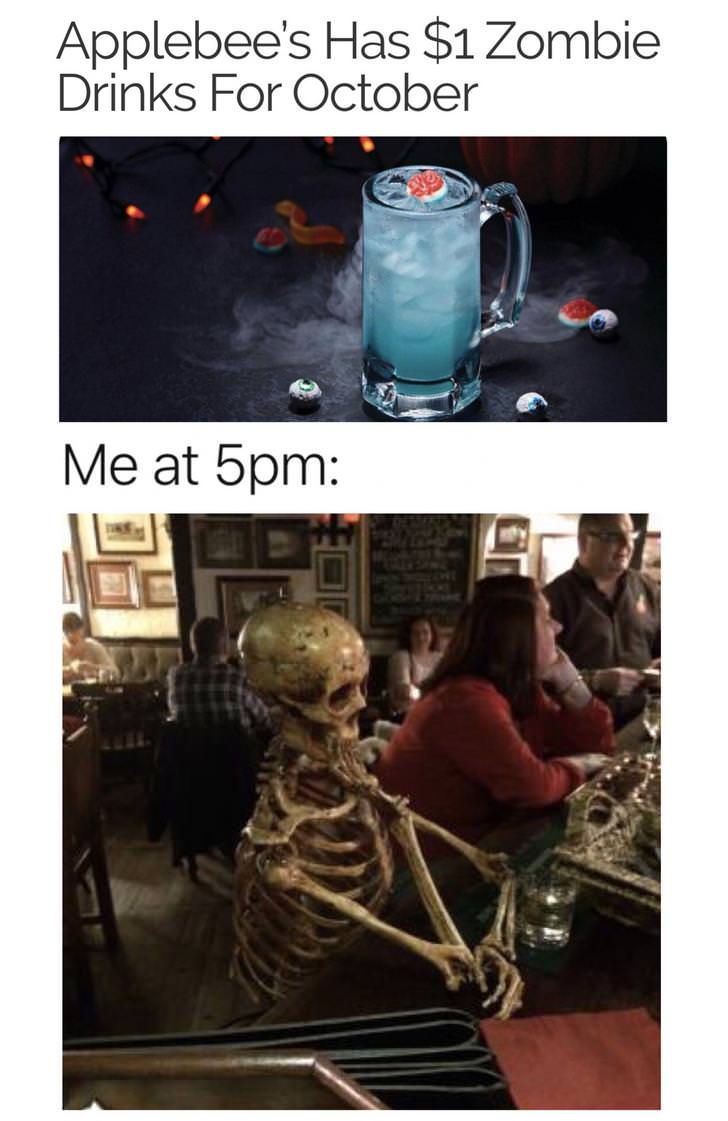 skeleton waiting at the bar - Applebee's Has $1 Zombie Drinks For October Me at 5pm