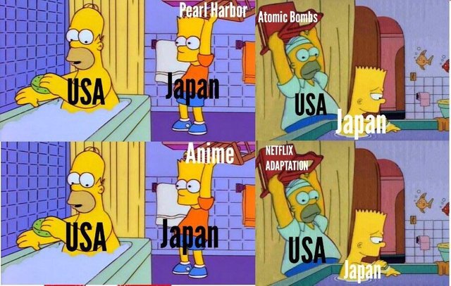 Homer in bath with Bart in Bathroom - United States and Japan's Relationship