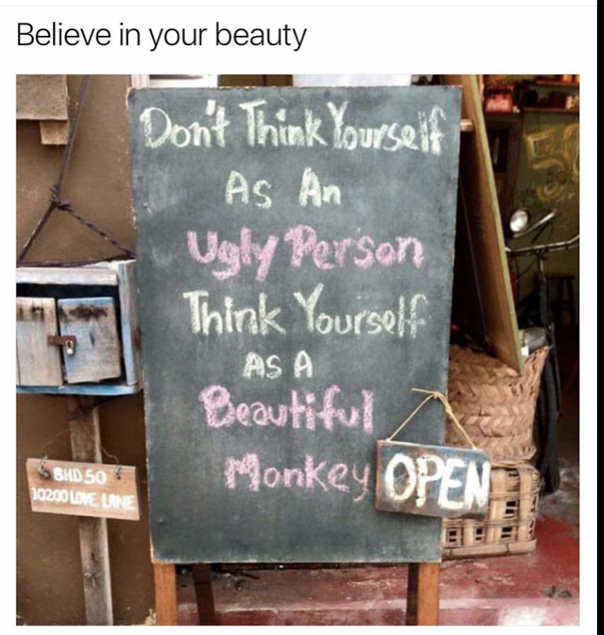 ugly person beautiful monkey - Believe in your beauty Don't Think Yourself As An Ugly Person Think Yourself As A Beautiful Monkey Open Bhd 50 102.00 Loneune