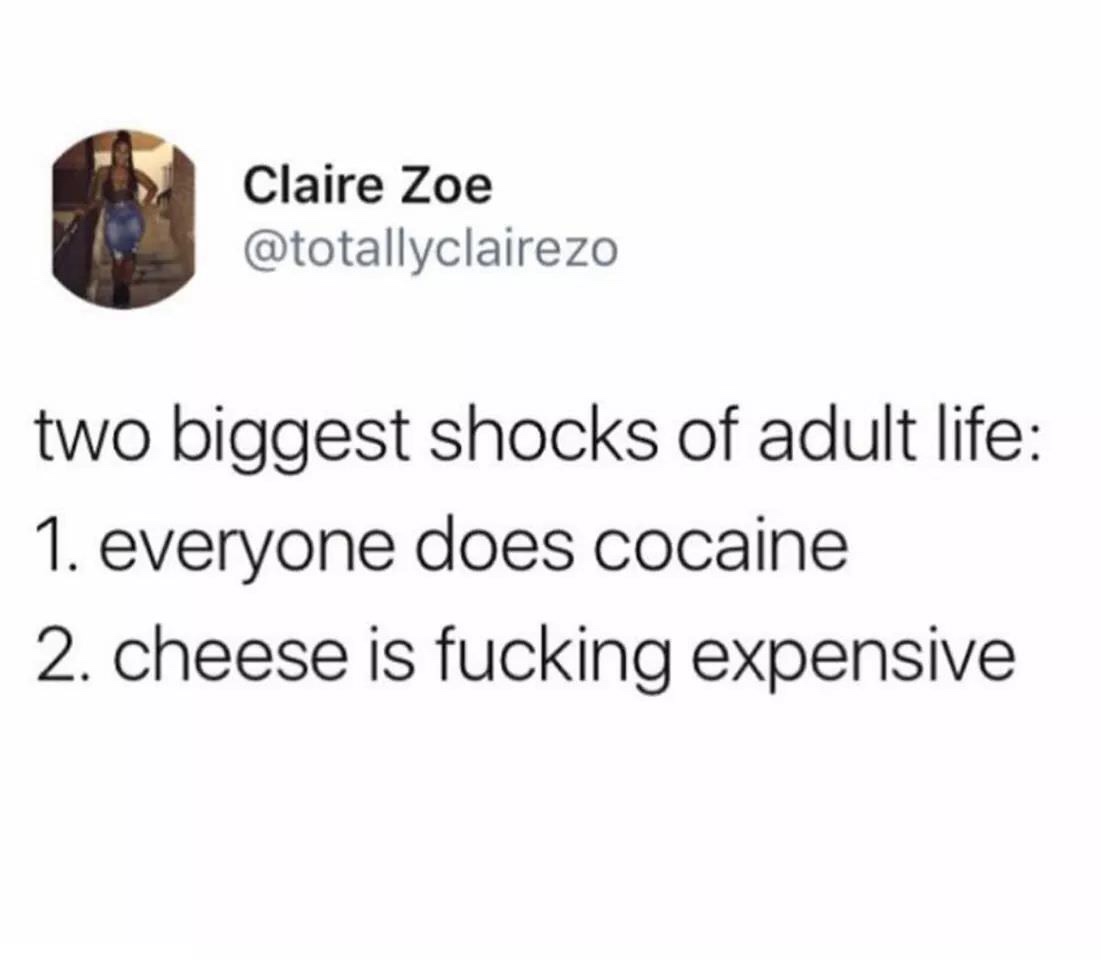cheese cocaine meme - Claire Zoe two biggest shocks of adult life 1. everyone does cocaine 2. cheese is fucking expensive