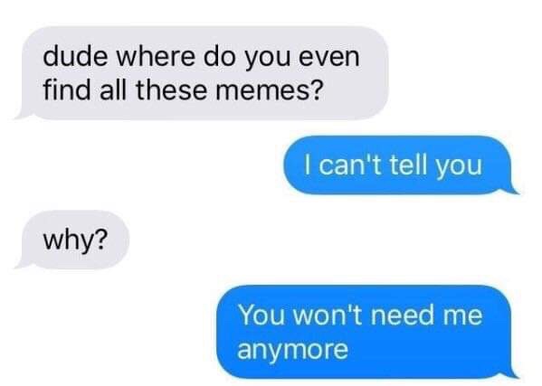 memes - do you get memes - dude where do you even find all these memes? I can't tell you why? You won't need me anymore
