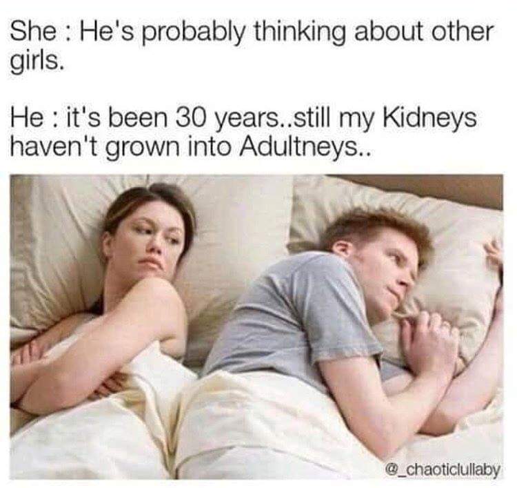 memes  - hes probably thinking about other girls meme - She He's probably thinking about other girls. He it's been 30 years..still my Kidneys haven't grown into Adultneys..