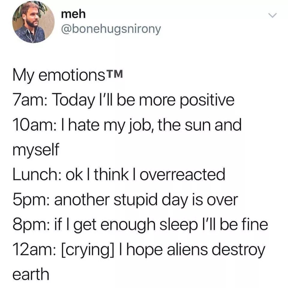 memes  - 1 peter 3 3 4 - meh My emotionsTM Zam Today I'll be more positive 10am I hate my job, the sun and myself Lunch ok I think loverreacted 5pm another stupid day is over 8pm if I get enough sleep I'll be fine 12am crying Thope aliens destroy earth