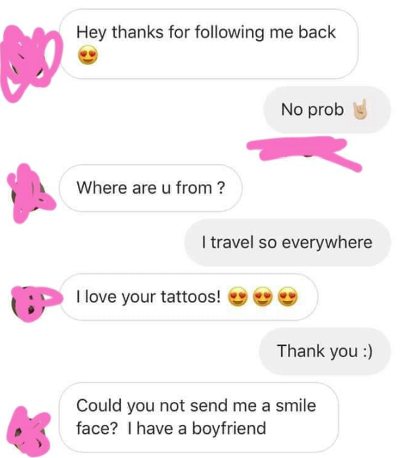 clip art - Hey thanks for ing me back No prob Where are u from? I travel so everywhere I love your tattoos! Thank you Could you not send me a smile face? I have a boyfriend