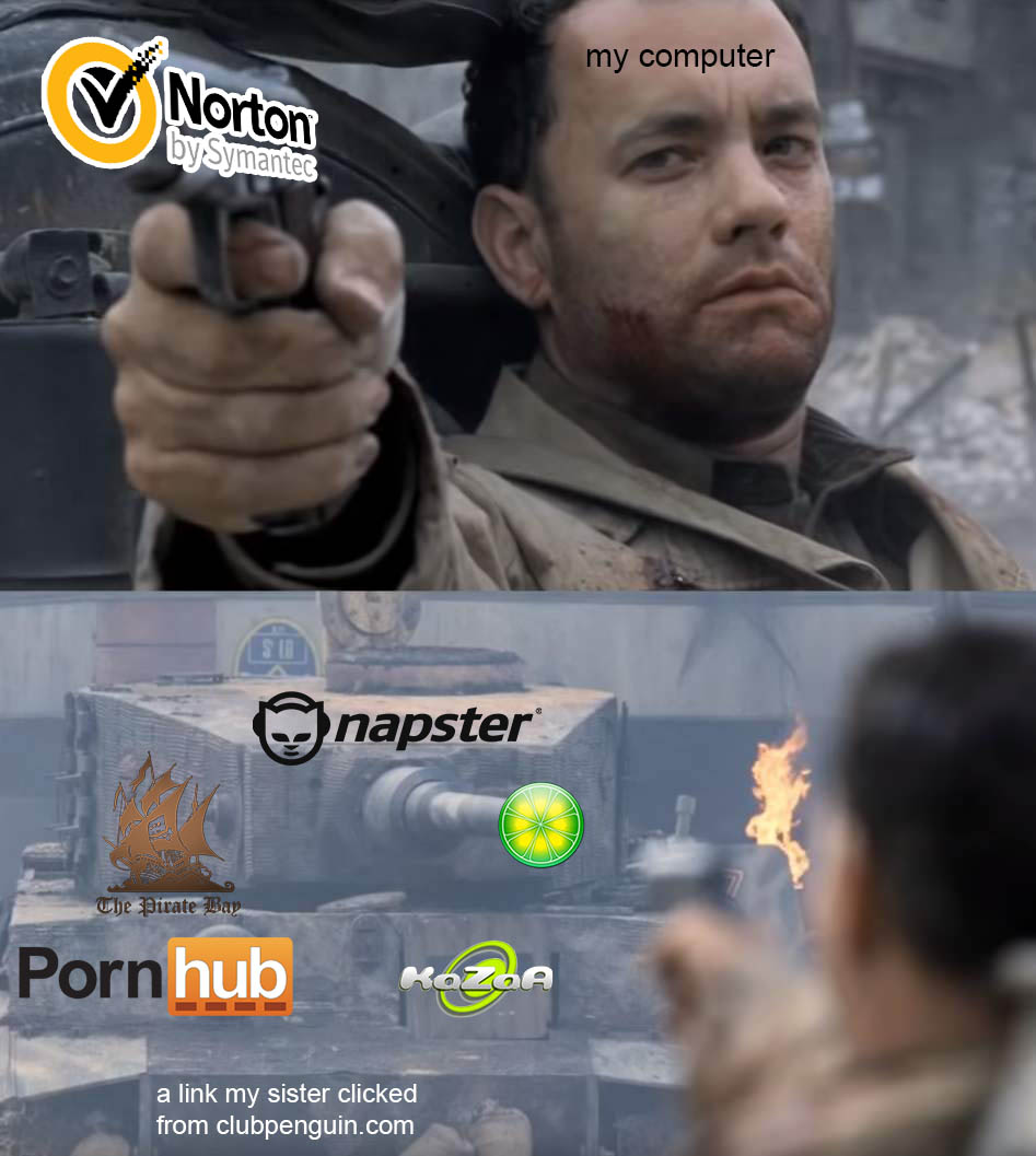 tom hanks tank meme - my computer Norton by Symantec napster The Pirate Bay Porn hub Kozoa a link my sister clicked from clubpenguin.com