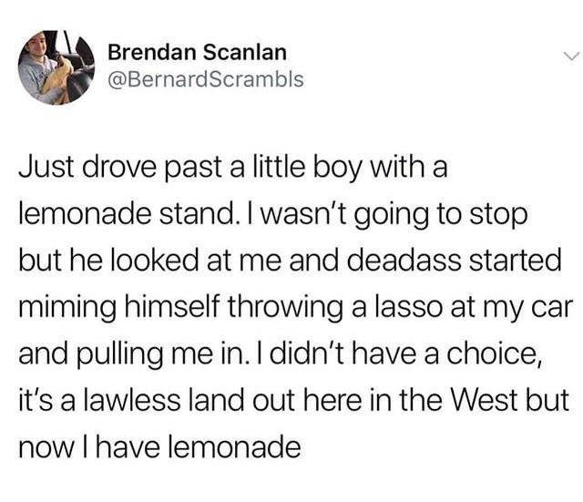 life is great found poem - Brendan Scanlan Just drove past a little boy with a lemonade stand. I wasn't going to stop but he looked at me and deadass started miming himself throwing a lasso at my car and pulling me in. I didn't have a choice, it's a lawle