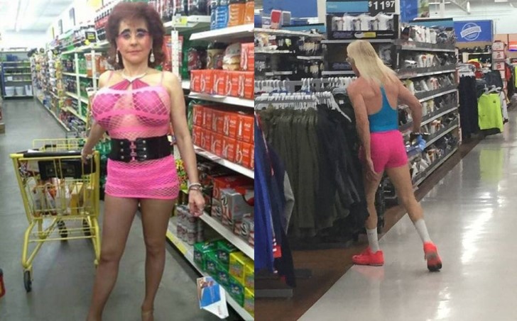 Woman wearing gross sexy outfit and man wearing pink short shorts