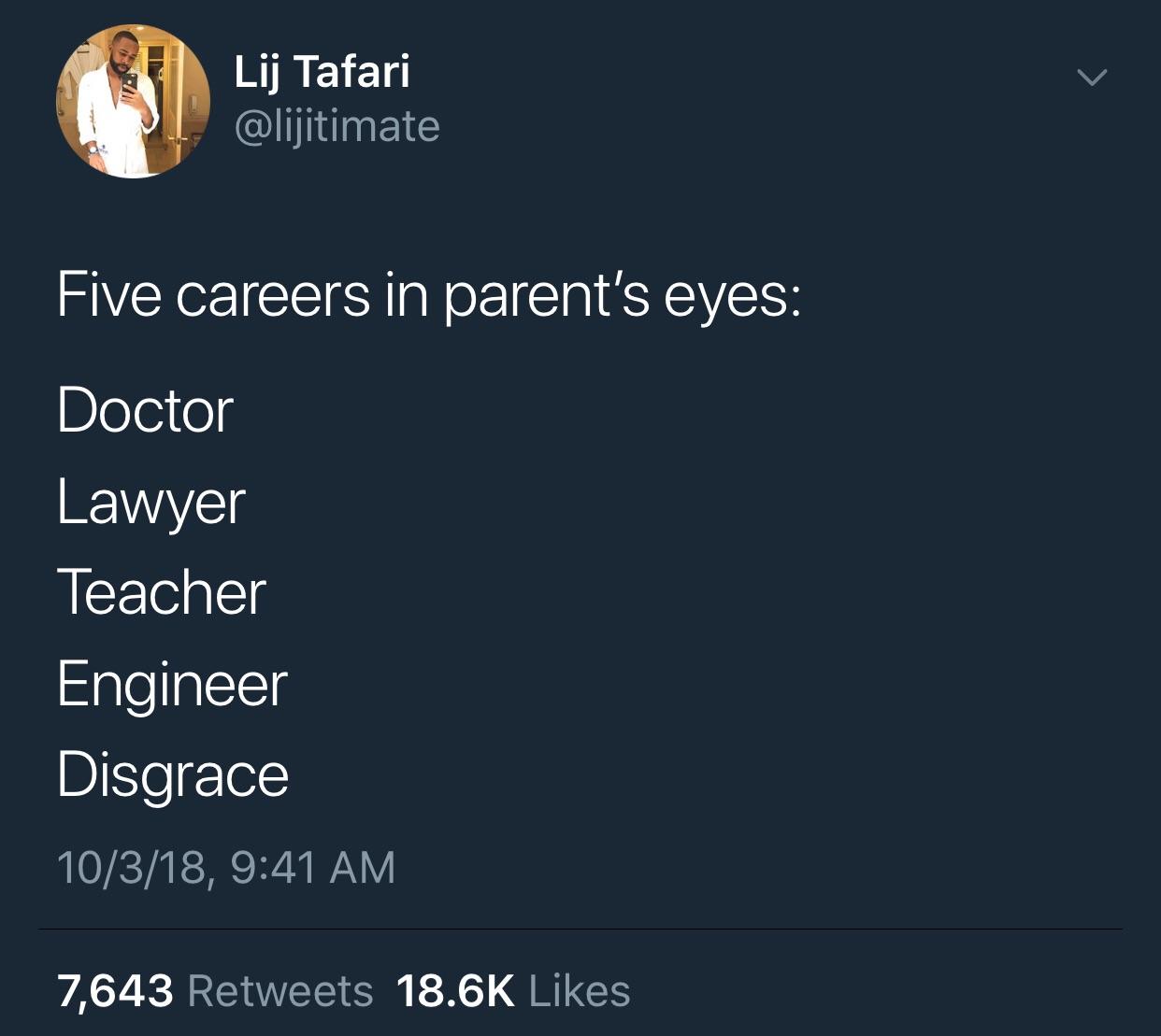 5 careers in parents eyes - Lij Tafari Five careers in parent's eyes Doctor Lawyer Teacher Engineer Disgrace 10318, 7,643