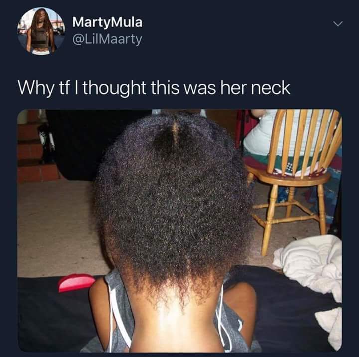 confusing perspective of woman's back which looks like a neck