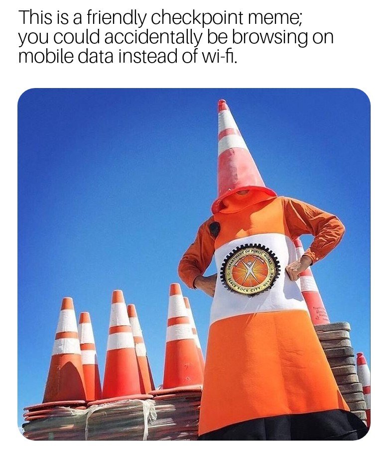 checkpoint friendly meme - This is a friendly checkpoint meme; you could accidentally be browsing on mobile data instead of wifi.
