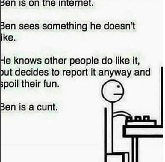 sees something he doesn t like - Ben is on the internet. Ben sees something he doesn't ike. He knows other people do it, but decides to report it anyway and spoil their fun. Ben is a cunt.