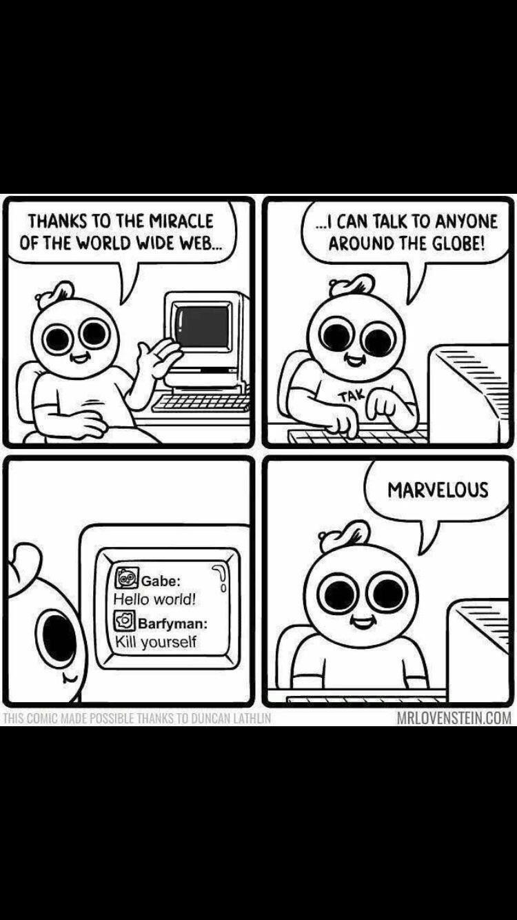 marvelous internet - Thanks To The Miracle Of The World Wide Web... ...I Can Talk To Anyone Around The Globe! Marvelous Gabe Hello world! Barfyman Kill yourself This Comic Made Possible Thanks To Duncan Lathlin Mrlovenstein.Com