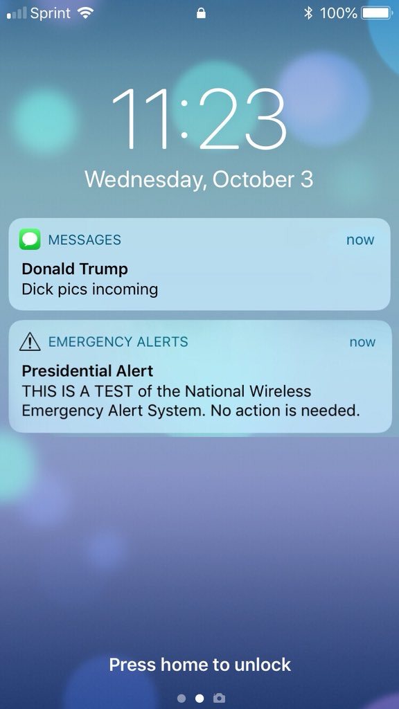 Trump meme of donald trump presidential alert memes - . Sprint 100% Wednesday, October 3 now Messages Donald Trump Dick pics incoming A Emergency Alerts now Presidential Alert This Is A Test of the National Wireless Emergency Alert System. No action is ne