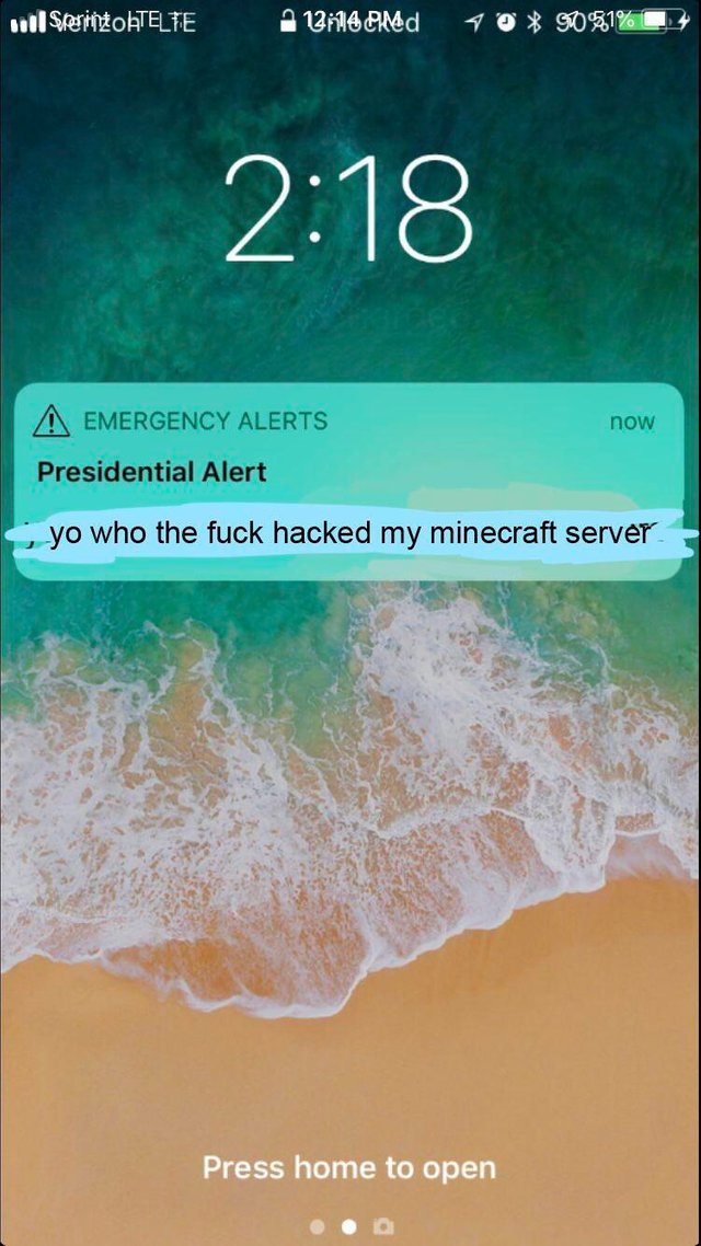 Trump meme of iphone 8 plus notification - wil Sherinto Telte A 12616 dd 10 90 %1% now A Emergency Alerts Presidential Alert yo who the fuck hacked my minecraft server Press home to open