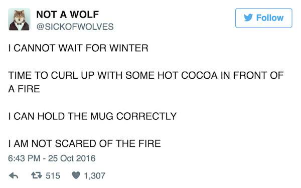 document - Not A Wolf I Cannot Wait For Winter Time To Curl Up With Some Hot Cocoa In Front Of A Fire I Can Hold The Mug Correctly I Am Not Scared Of The Fire 47 515 1,307