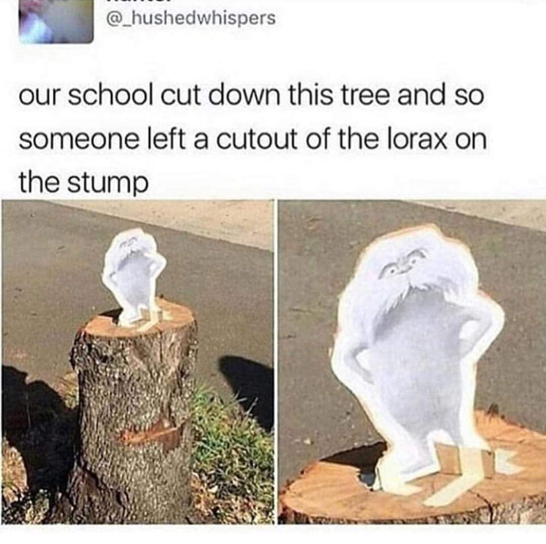 dank meme about lorax memes - our school cut down this tree and so someone left a cutout of the lorax on the stump