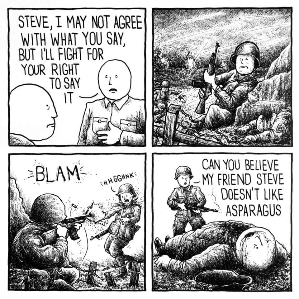 dank meme about jake likes onions comics - Steve, I May Not Agree With What You Say, But I'Ll Fight For Your Right To Say Blam Hhgghnk Can You Believe My Friend Steve V Doesn'T Asparagus