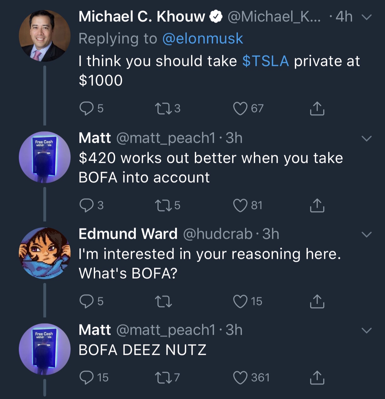 dank meme screenshot - Free Cash withdrs Michael C. Khouw ... 4h v I think you should take $Tsla private at $1000 25 223 067 I Matt 3h $420 works out better when you take Bofa into account 23 225 81 Edmund Ward 3h I'm interested in your reasoning here. Wh