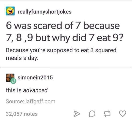 6 scared of 7 - reallyfunnyshortjokes 6 was scared of 7 because 7,8,9 but why did 7 eat 9? Because you're supposed to eat 3 squared meals a day. simonein 2015 this is advanced Source laffgaff.com 32,057 notes