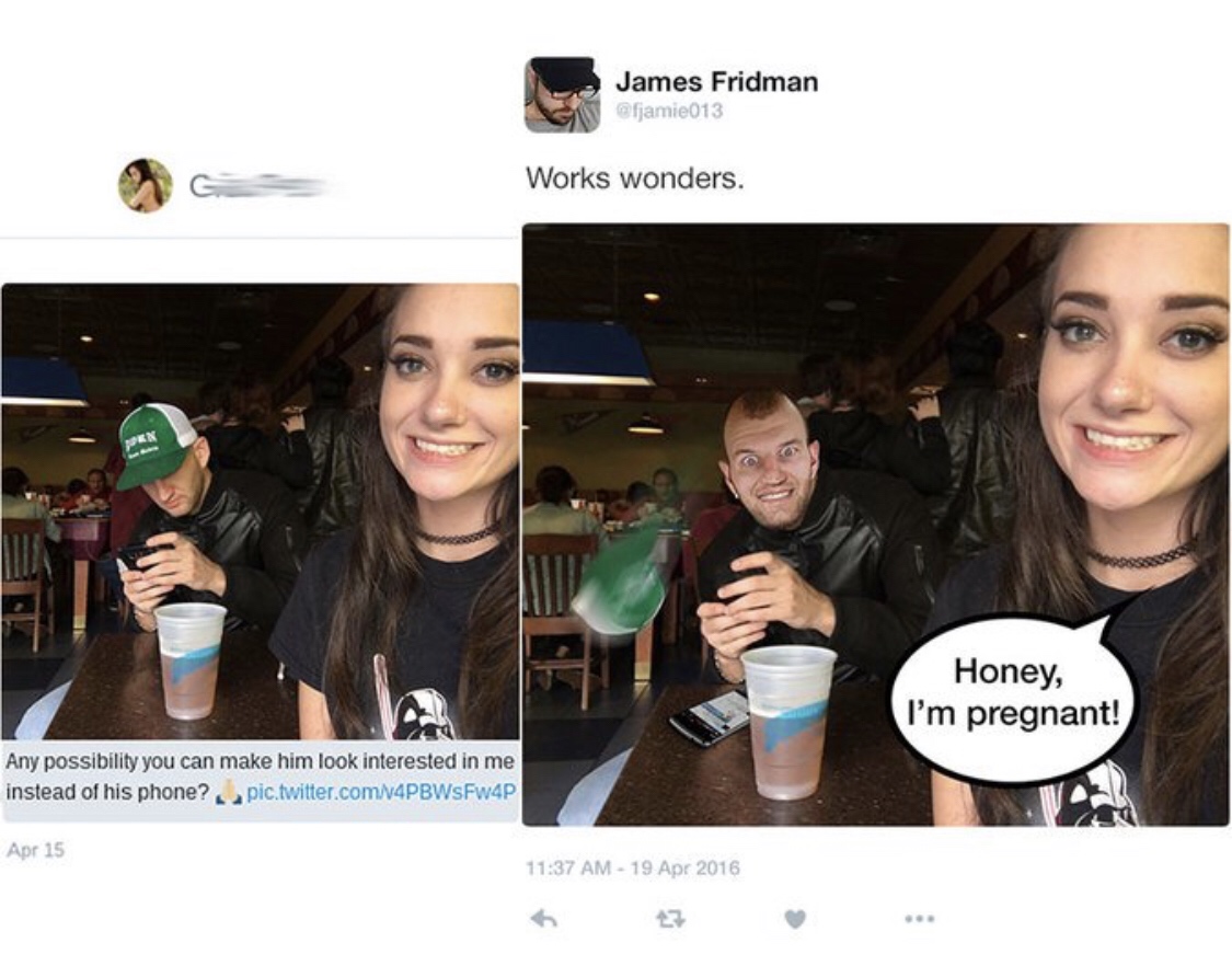 funny photoshop james fridman - James Fridman Works wonders. Honey, I'm pregnant! Any possibility you can make him look interested in me instead of his phone? pic.twitter.comV4PBWSFw4P Apr 15