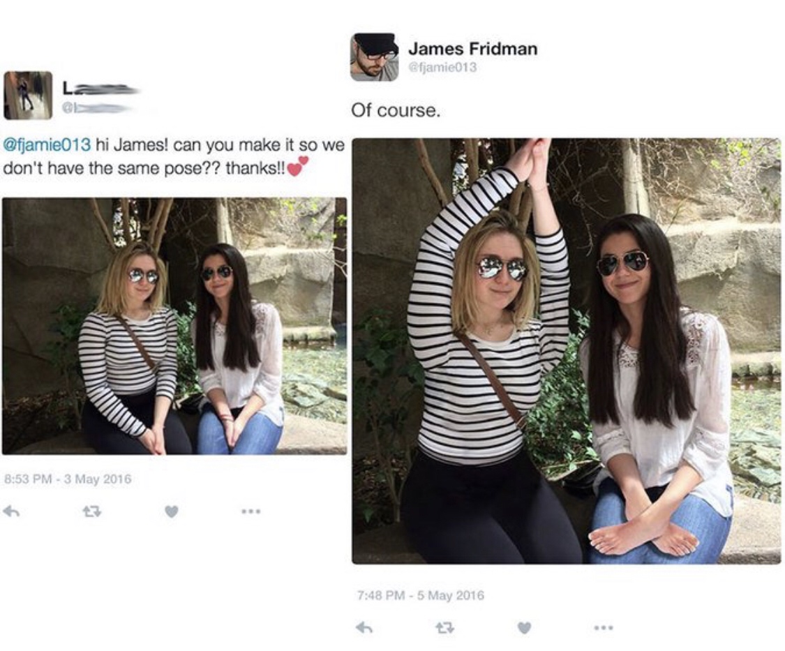 funny photoshop guy - James Fridman Gfjamie013 Of course. hi James! can you make it so we don't have the same pose?? thanks!