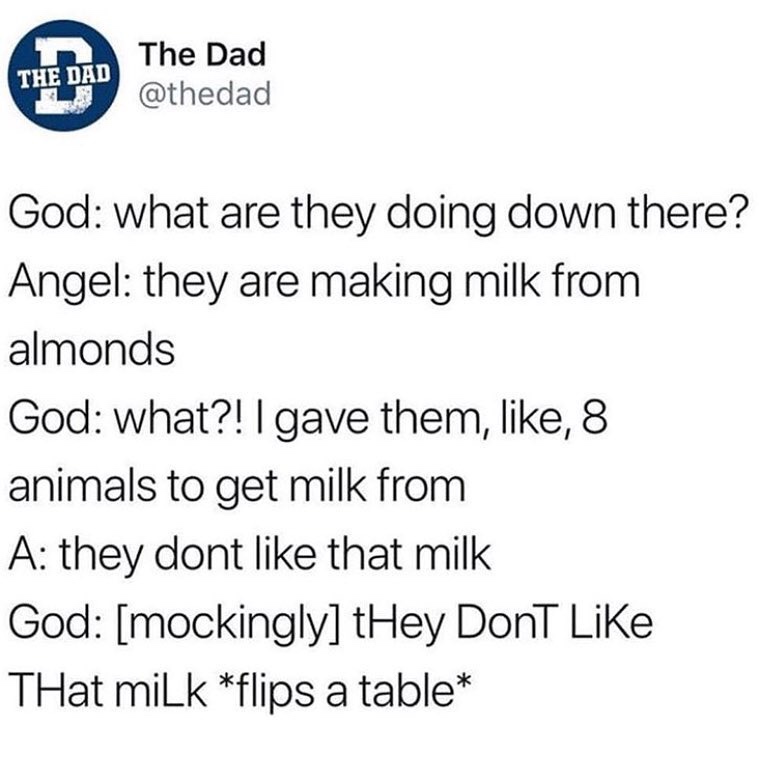 dank meme about they don t like that milk - The Dad The Dad God what are they doing down there? Angel they are making milk from almonds God what?! I gave them, , 8 animals to get milk from A they dont that milk God mockingly Hey Dont THat milk flips a tab