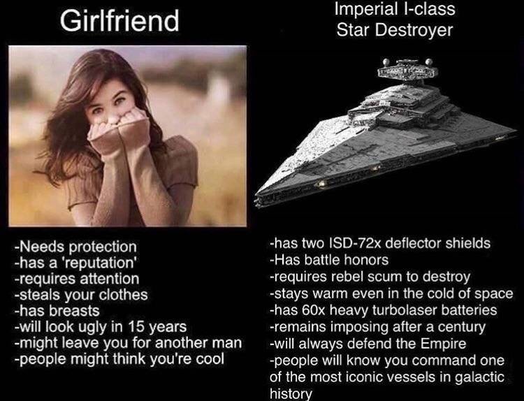 memes - panther vs girlfriend - Girlfriend Imperial lclass Star Destroyer Sensuecater Needs protection has a 'reputation' requires attention steals your clothes has breasts will look ugly in 15 years might leave you for another man people might think you'