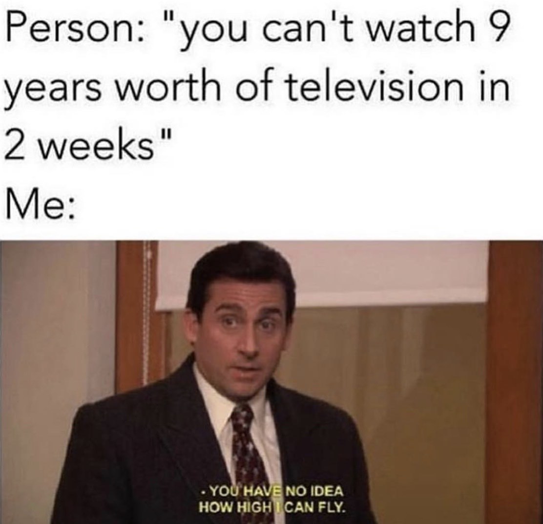 memes-  you have no idea how high i can fly - Person "you can't watch 9 years worth of television in 2 weeks" Me You Have No Idea How High Can Fly.