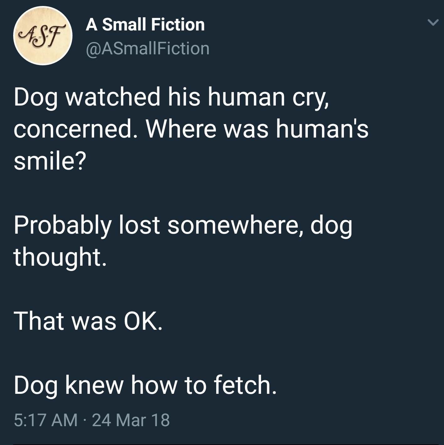 memes - Ale A Small Fiction Dog watched his human cry, concerned. Where was human's smile? Probably lost somewhere, dog thought. That was Ok. Dog knew how to fetch. 24 Mar 18