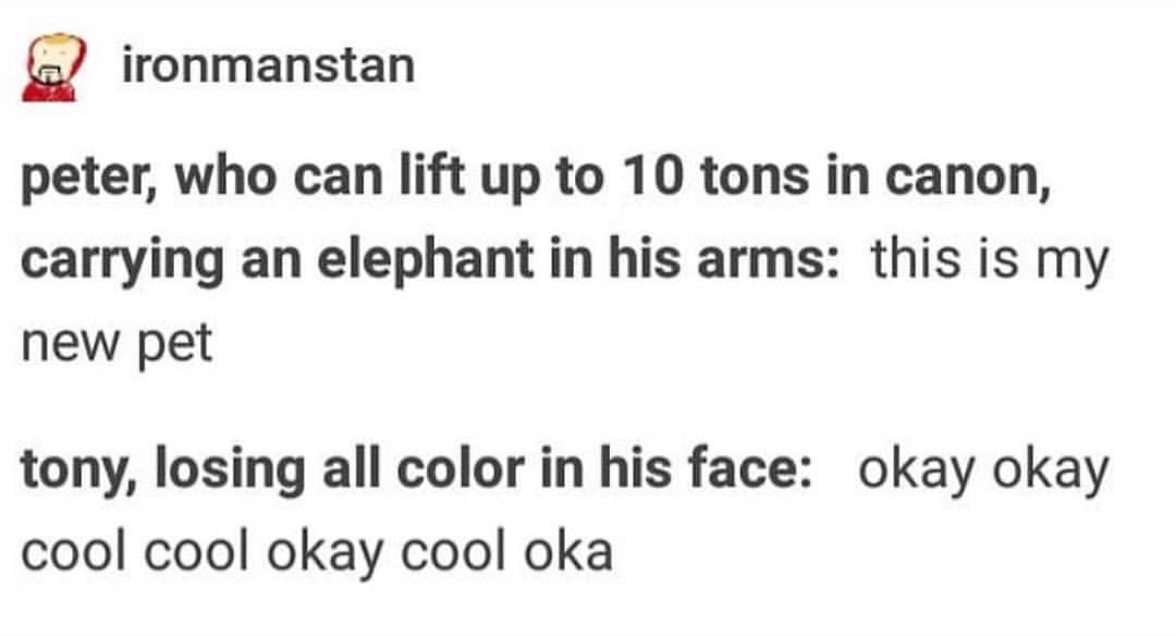 tumblr - if you love two people - ironmanstan peter, who can lift up to 10 tons in canon, carrying an elephant in his arms this is my new pet tony, losing all color in his face okay okay cool cool okay cool oka